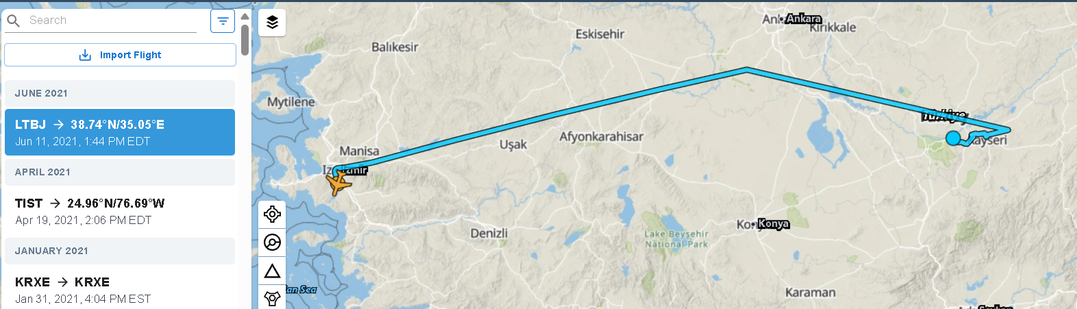 ForeFlight map showing a track from Izmir, Turkey toward Kayseri, with sidebar entries for June 2021 LTBJ, April 2021 TIST, and January 2021 KRXE